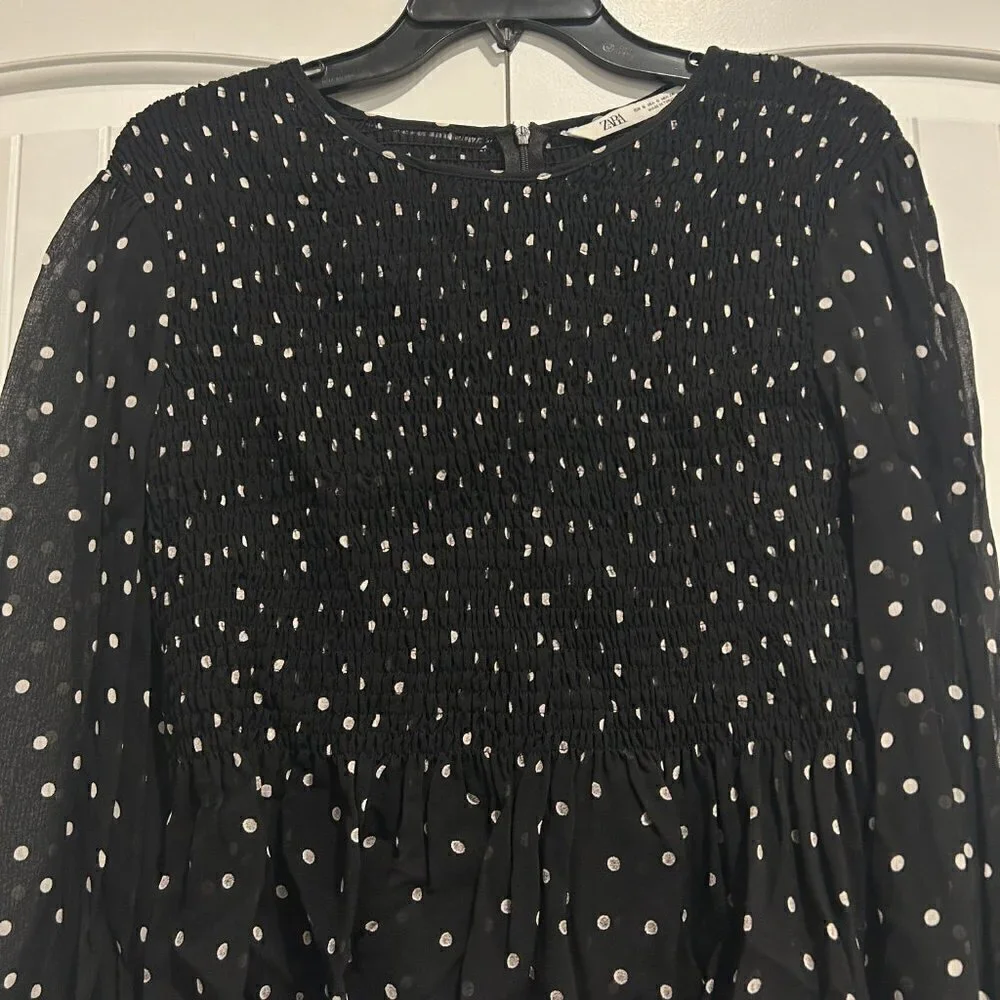 Zara Black and White Polka Dot Smocked Peplum Mesh Blouse Women’s Size Small